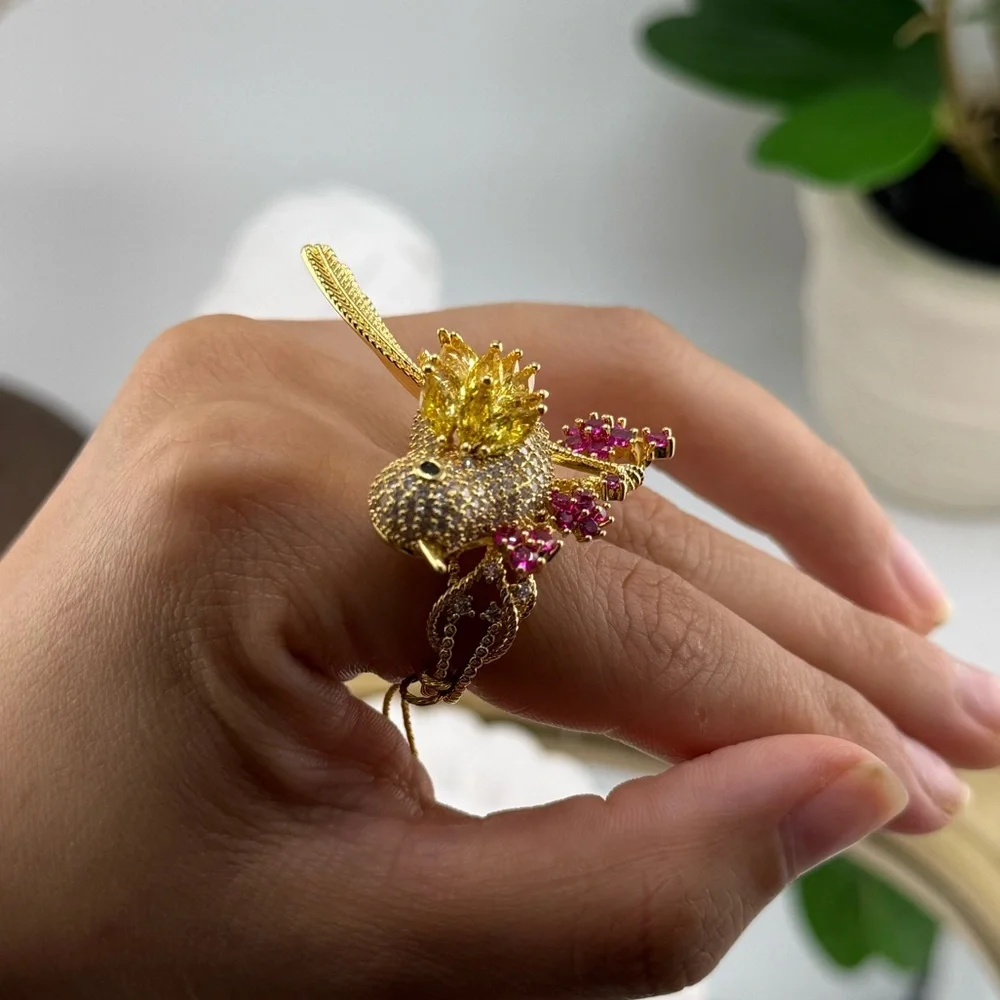 Gold Bird Statement Ring – Crystal & Ruby Red Accents 🐦✨ - Picture 9 of 13